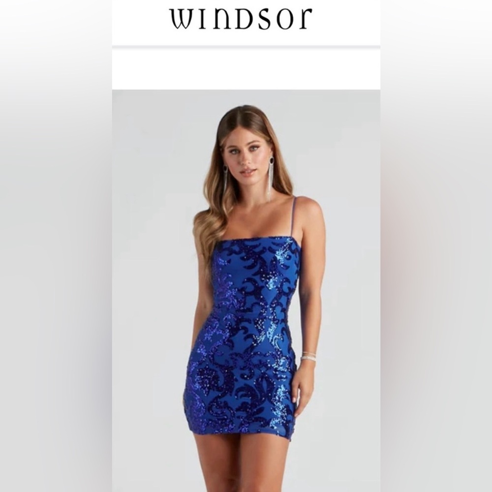Windsor Blue Sequin Mesh Stretchy Prom Homecoming Mini Dress Size XS